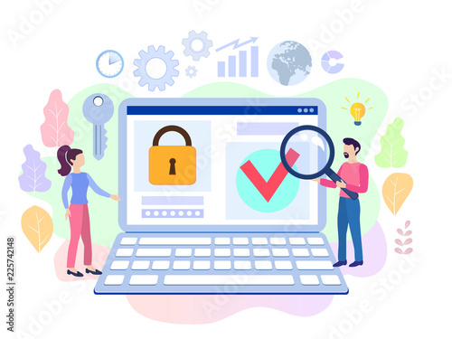 Infographic, banner with  protect data and confidentiality. Safety and confidential data protection, concept with character saving code and check access. Flat vector illustration
