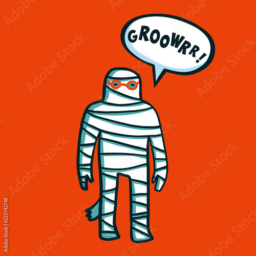Halloween monster. Cute spooky mummy with and roar speech bubble on orange ba...