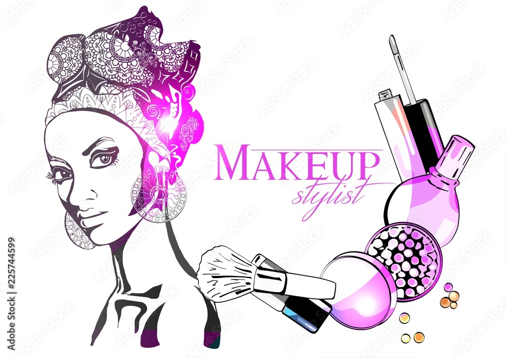 Beautiful pin-up style sexy woman dreaming about beauty products for  makeup. Beauty and fashion industry advertising banner vector illustration  Stock Vector