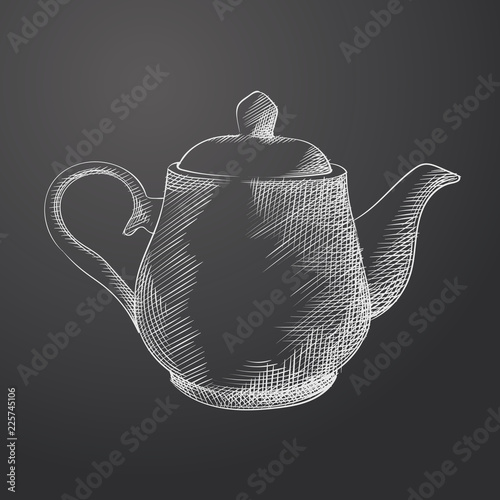 Hand Drawn teapot Sketch Symbol isolated on chalkboard. Vector tea time Element In Trendy Style