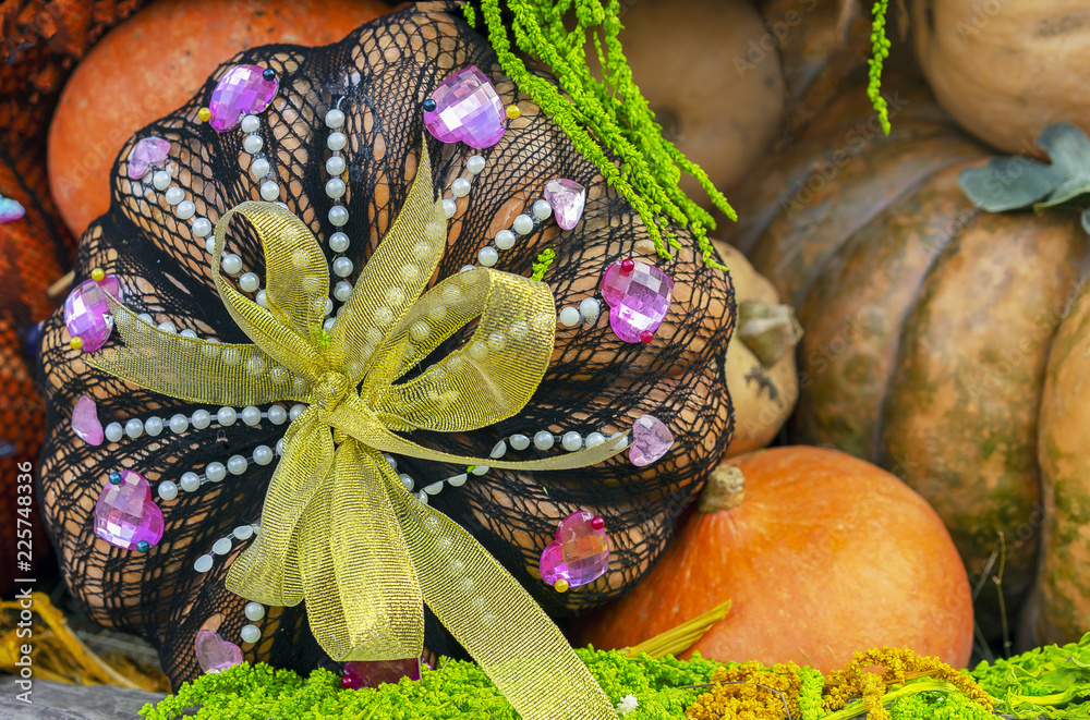 Autumn composition with pumpkins in gift wrapping.