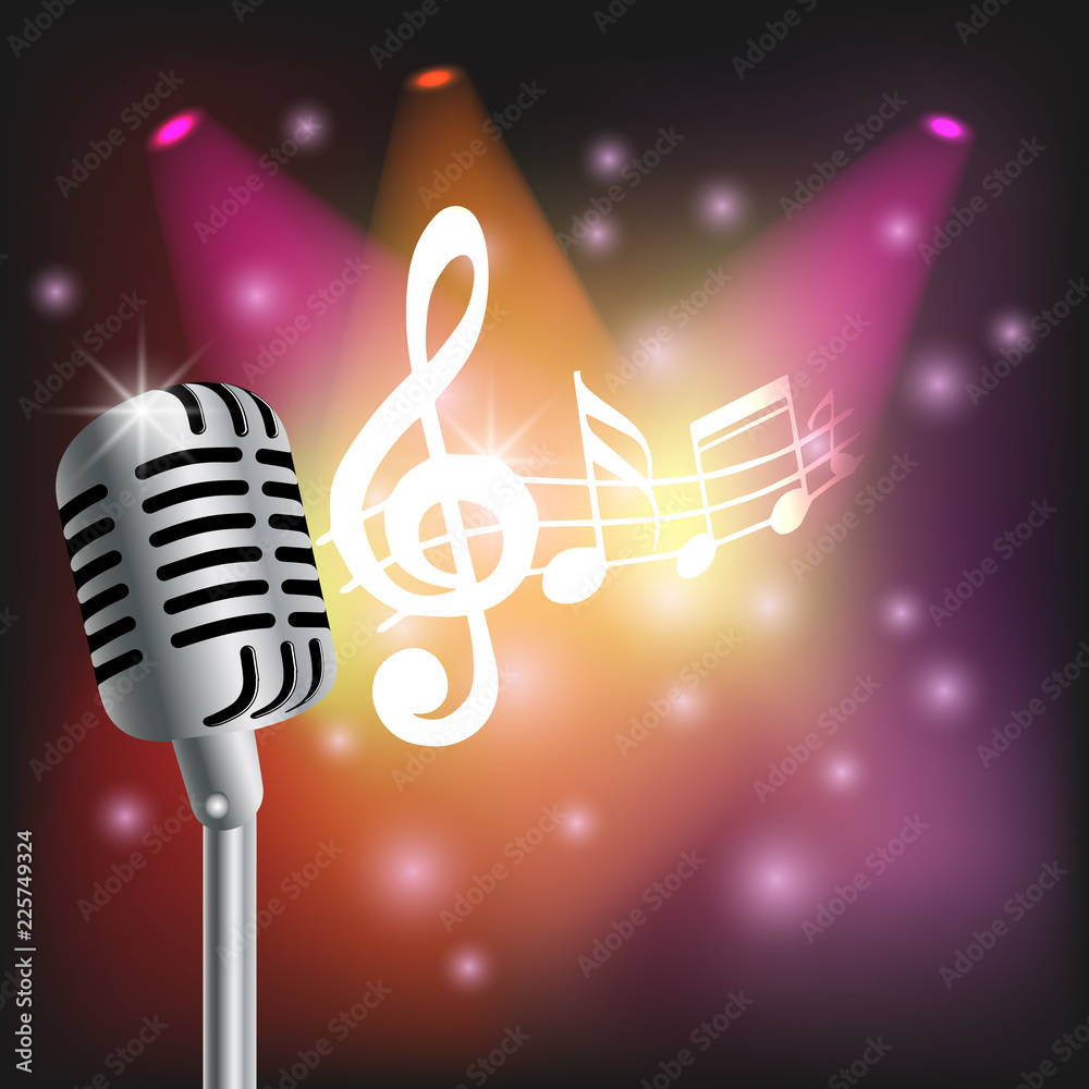 music background realistic microphone on bright background notes spotlight  light Stock Illustration | Adobe Stock