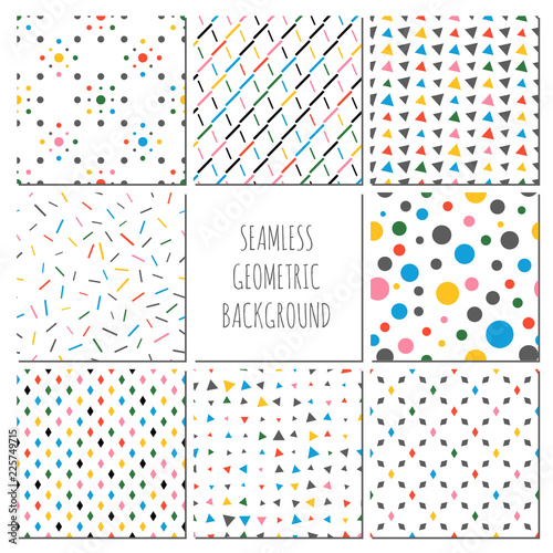 Set of simple geometric seamless patterns. Bright energetic colors. Pattern for textiles and packaging.