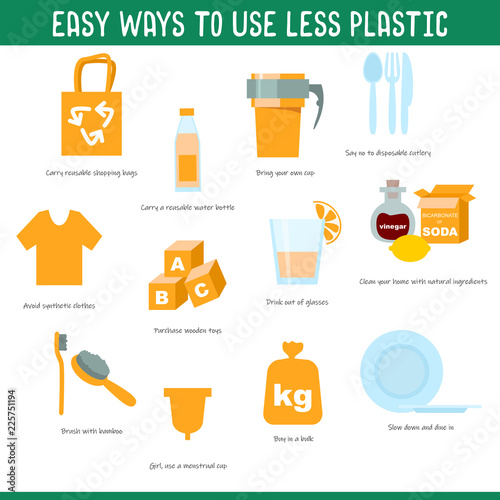 Easy eays to use less plastic. Zero waste life in vector. Eco style. No plastic. Go green. Protest against garbage. Plastic pollution. Stop plastic. Eco lifestyle. Pollution problem concept