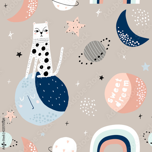 Seamless childish pattern with cat on moon and starry sky. Creative kids texture for fabric, wrapping, textile, wallpaper, apparel. Vector illustration
