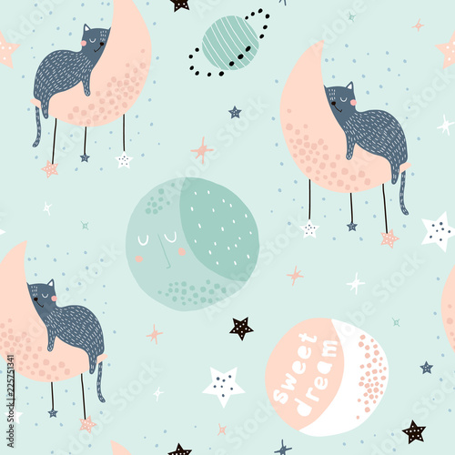 Seamless childish pattern with cats on moons and starry sky. Creative kids texture for fabric, wrapping, textile, wallpaper, apparel. Vector illustration