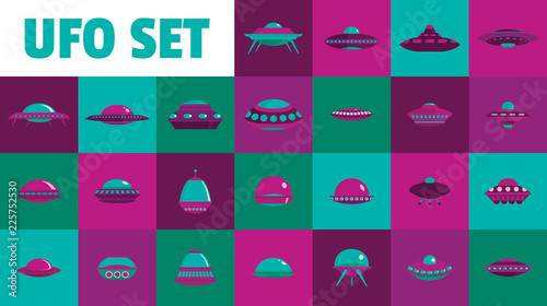 Neon ufo set. Retro neon ufo set on color background. Elements for retro emblem, poster and logo