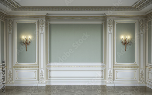 lassic interior in olive colors with wooden wall panels, sconces and niche. 3d rendering.