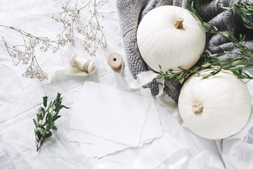 Autumn styled photo. Feminine wedding desktop stationery mockup scene with blank greeting card, eucalyptus, ribbons, white pumpkins and gypsophila flowers. Table background. Thanksgiving. Flat lay.