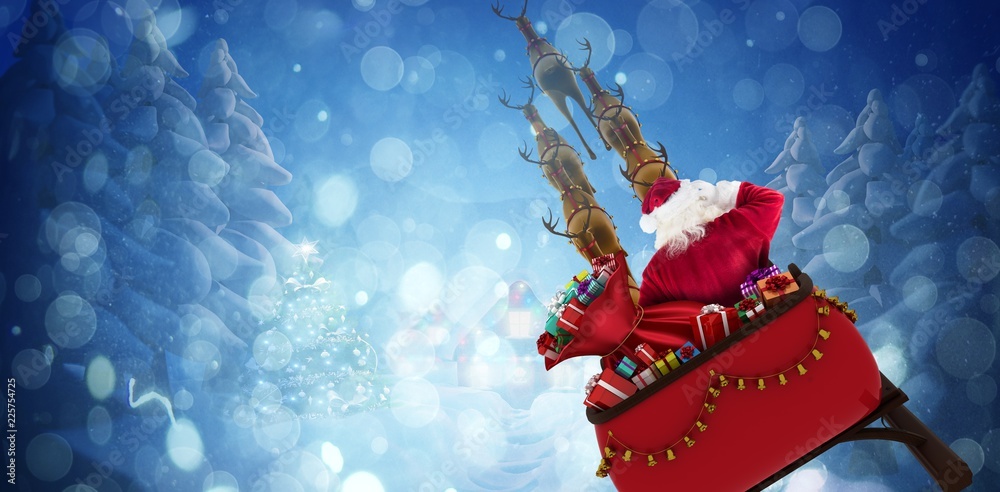Composite image of rear view of santa claus riding on sled