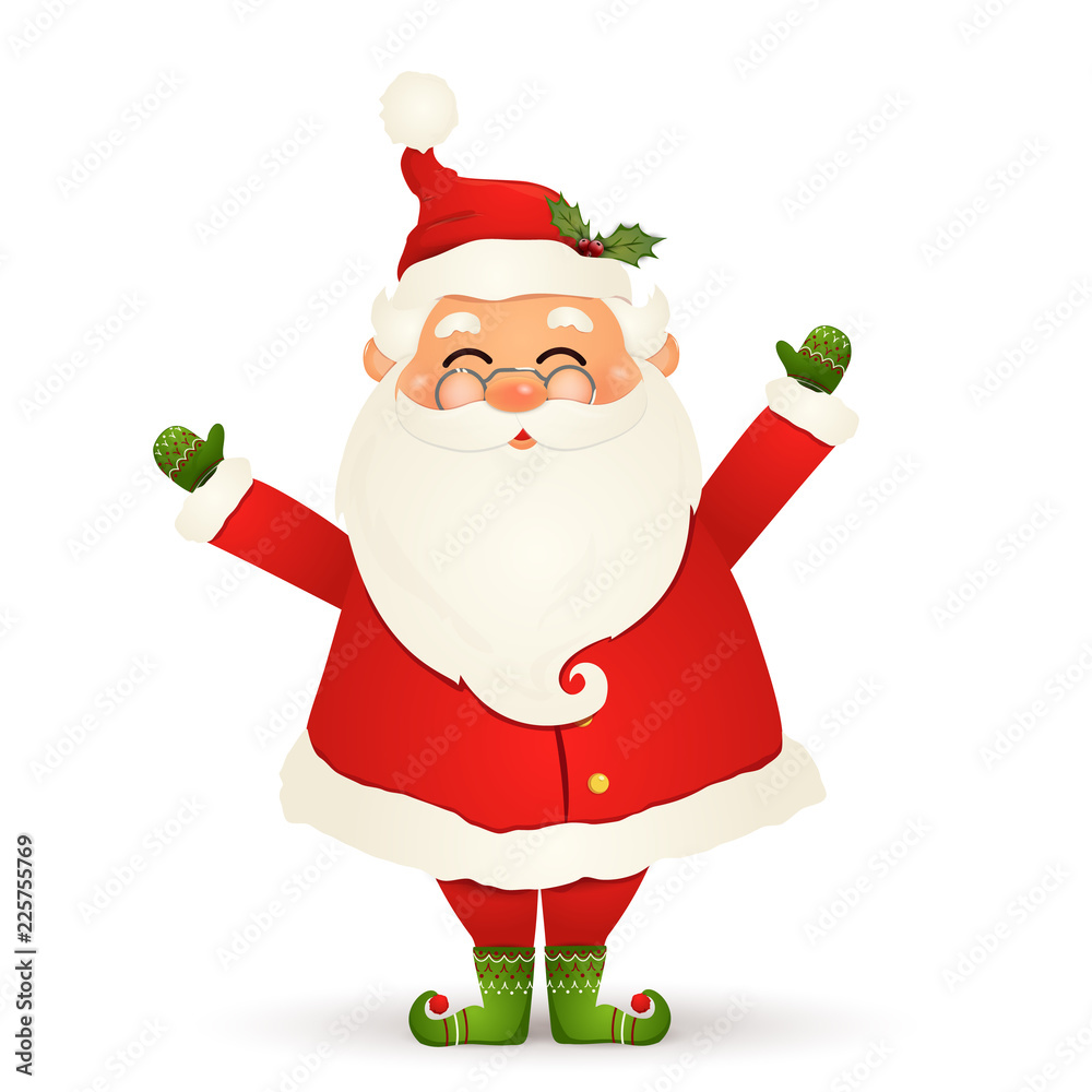 Christmas Cute Cheerful Funny Santa Claus With Glasses Waving Hands And Greeting Isolated On White Background Santa Clause For Winter And New Year Holidays Happy Santa Claus Cartoon Character Stock Vector