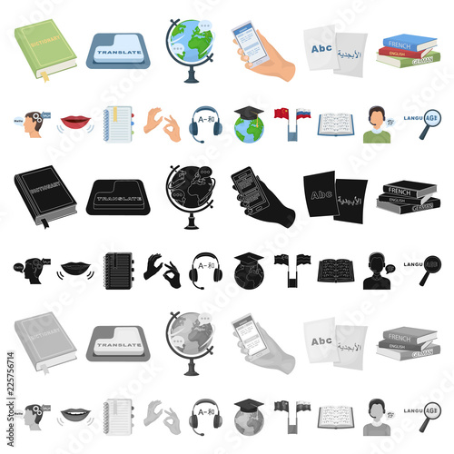 Translator and linguist cartoon icons in set collection for design. Interpreter vector symbol stock web illustration.