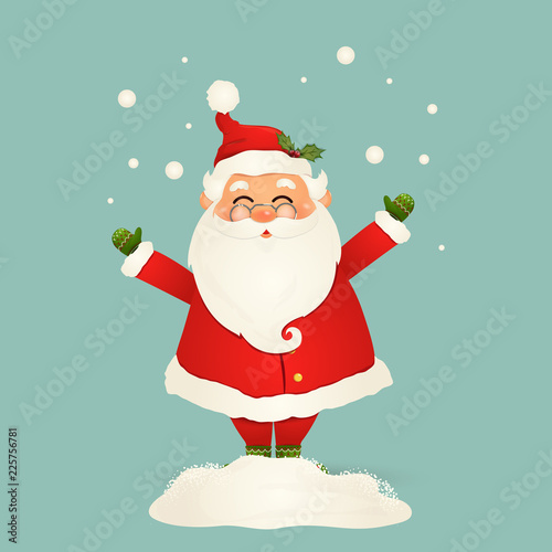Cute, Cheerful, funny Santa Claus with glasses, waving hands and greeting, falling snow, snowdrift isolated. Santa clause for winter and new year holidays. Happy Santa Claus cartoon character.