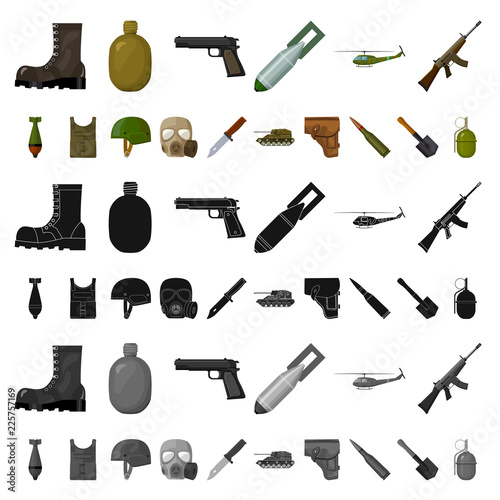 Army and armament cartoon icons in set collection for design. Weapons and equipment vector symbol stock web illustration.