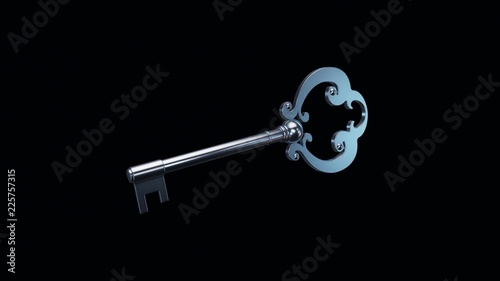 Animation of flying silver key from a new home or abstract lock of safe. Animation of seamless loop.