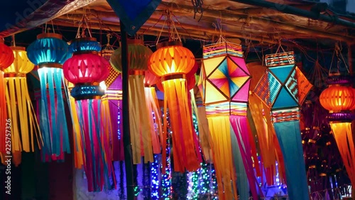 4K footage of Traditional lantern close ups on street side shops on the occasion of Diwali festival in Mumbai, India.