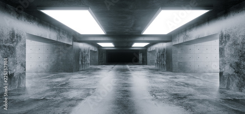 Fototapeta Naklejka Na Ścianę i Meble -  Empty Elegant Modern Grunge Dark Reflections Concrete Underground Tunnel Room With Bright White Lights Background Wallpaper 3D Rendering