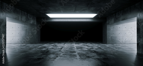 Fototapeta Naklejka Na Ścianę i Meble -  Empty Elegant Modern Grunge Dark Reflections Concrete Underground Tunnel Room With Bright White Lights Background Wallpaper 3D Rendering