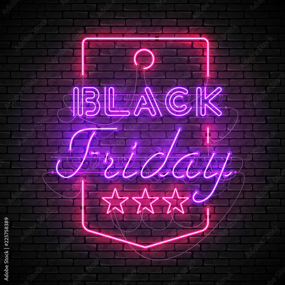 Shining and glowing realistic BLACK FRIDAY purple neon sign in red price tag frame isolated on brick wall background. Bright neon sign, night advertisement logo, vector illustration. Shining and glowing realistic BLACK FRIDAY purple neon sign in red price tag frame isolated on brick wall background. Bright neon sign, night advertisement logo, vector illustration.