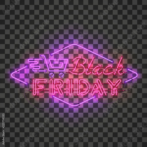 Shining and glowing realistic BLACK FRIDAY red neon sign with purple shopping cart isolated on transparent background. Bright neon sign, night advertisement logo, vector illustration.