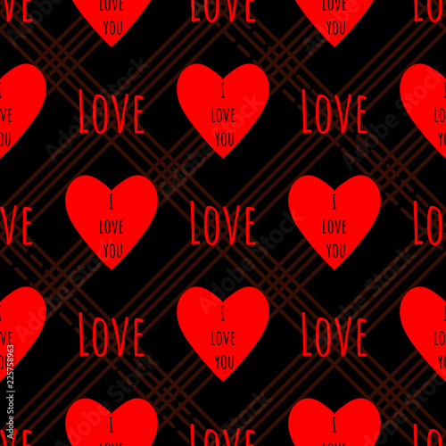 Red hearts on a black background and the word love. infinite pattern. seamless texture