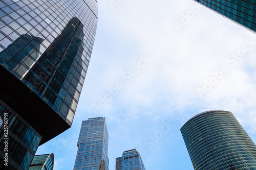 bottom view of various skyscrapers in Moscow city
