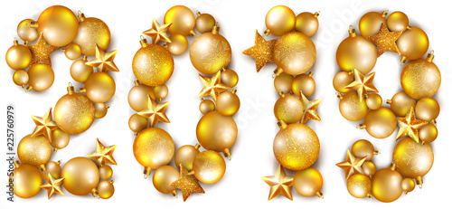 The inscription 2019, made of golden shiny Christmas tree balls and stars, vector illustration