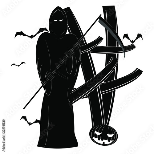 Angel of Death with a Scythe in His Hands. Black Bats with Pumpkin isolated on white Background.
