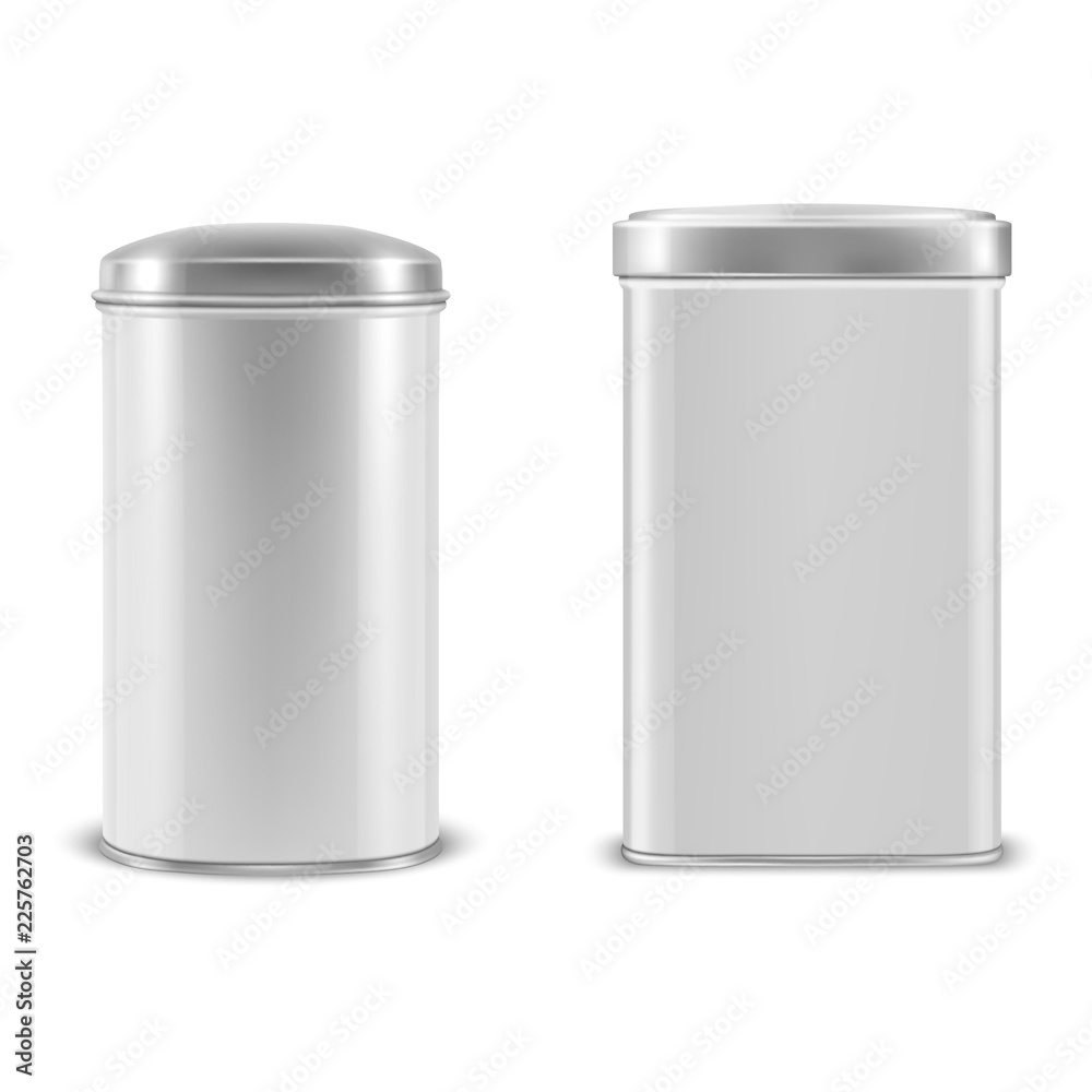 Vector realistic 3d white blank metal aluminium tin can containers with silver cap rectangular or square, oval shape icon set closeup isolated on white background. Design template for graphics Vector realistic 3d white blank metal aluminium tin can containers with silver cap rectangular or square, oval shape icon set closeup isolated on white background. Design template for graphics
