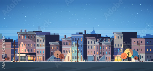 city building houses night view skyline background real estate cute town concept horizontal banner flat vector illustration