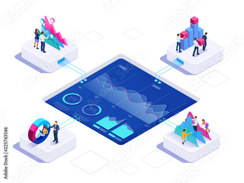 Isometric concept of business teams meeting working with new startup project, analysis data the charts and graphs, discussion. Consulting for company performance, analysis, accounting