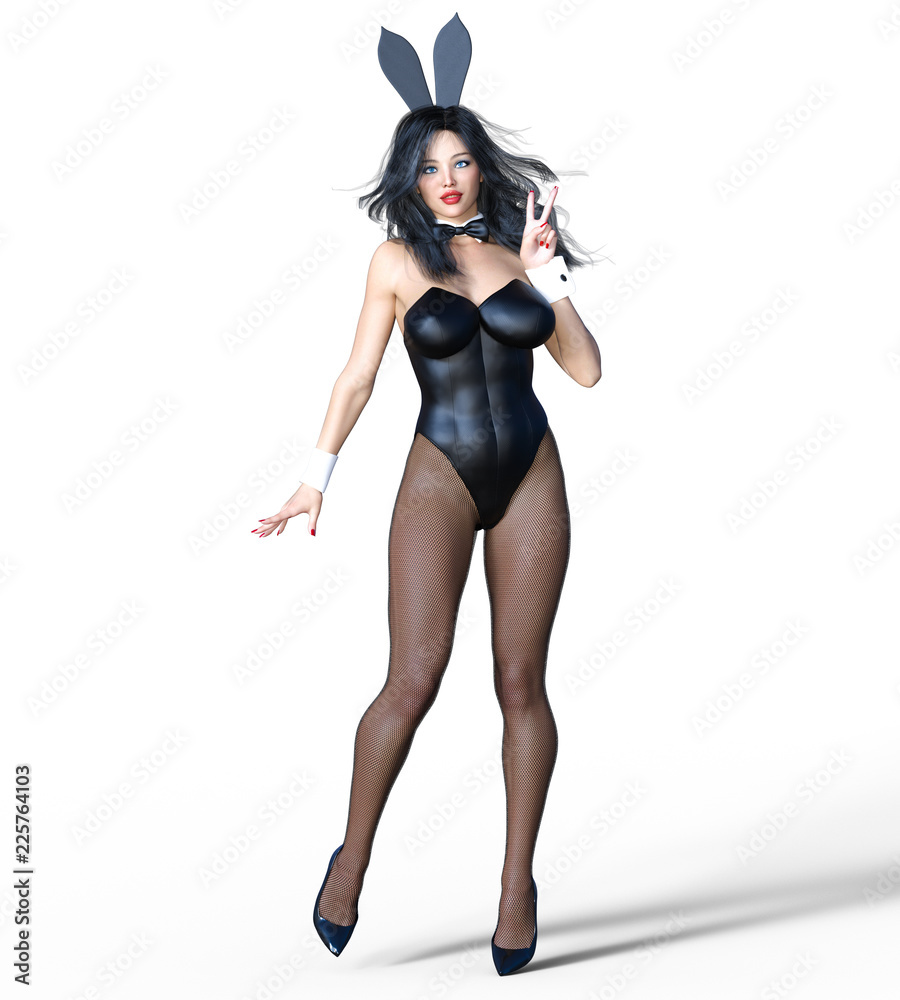 Bunny Girl. Sexy woman long legs in black fishnet tights. Black swimsuit and shoes. Conceptual fashion art. Blue eyes. Seductive candid pose. Photorealistic 3D render illustration. Isolate. Studio. Bunny Girl. Sexy woman long legs in black fishnet tights. Black swimsuit and shoes. Conceptual fashion art. Blue eyes. Seductive candid pose. Photorealistic 3D render illustration. Isolate. Studio.