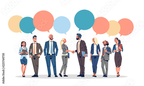 business people group chat bubble communication concept businessmen women speech relationship male female cartoon character full length horizontal isolated flat vector illustration