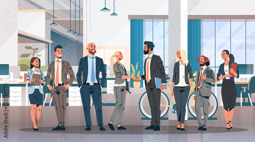 business people group hand shake agreement communicating concept modern coworking office interior creative workplace men women partnership male female cartoon character full length horizontal flat