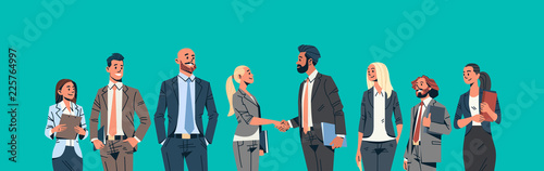 business people group hand shake agreement communicating concept businessmen women team leader meeting male female cartoon character portrait horizontal banner flat vector illustration