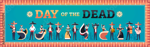 day of dead traditional mexican halloween dia de los muertos holiday party decoration men women wearing skeleton masks playing musical instruments horizontal banner invitation greeting card flat