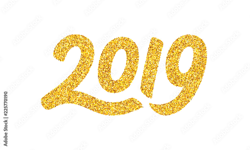 Happy New Year 2019 greeting card design template with golden text isolated on white background. Calligraphy for chinese year of the pig. Vector illustration Happy New Year 2019 greeting card design template with golden text isolated on white background. Calligraphy for chinese year of the pig. Vector illustration