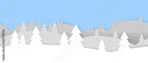 Simple seamless paper cut winter vector landscape with  layered mountains and trees on blue background.