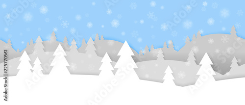 Simple seamless paper cut winter vector landscape with snowflakes, layered mountains and trees on blue background.