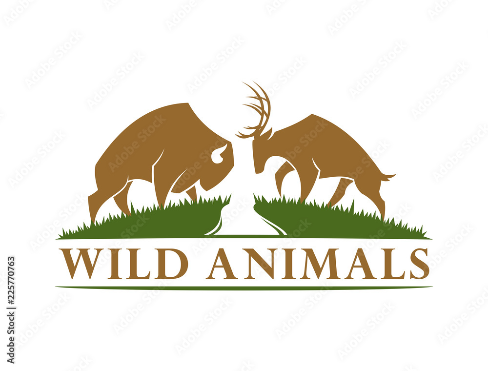 Buffalo and deer silhouette in the meadow Buffalo and deer silhouette in the meadow