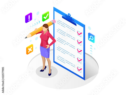 Isometric businesswoman with checklist and to do list. Clipboard with a checklist. Project management, planning and keeping score of the completed tasks concept.