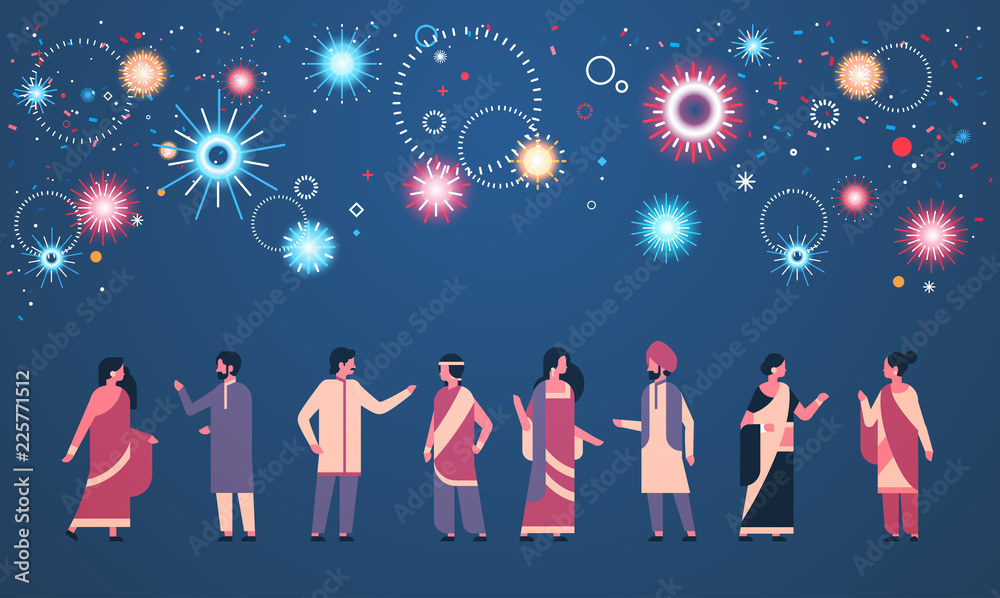 happy diwali indian people group wearing national traditional clothes hindu  man woman celebration concept cartoon character full length fireworks  background horizontal flat vector illustration Stock Vector | Adobe Stock