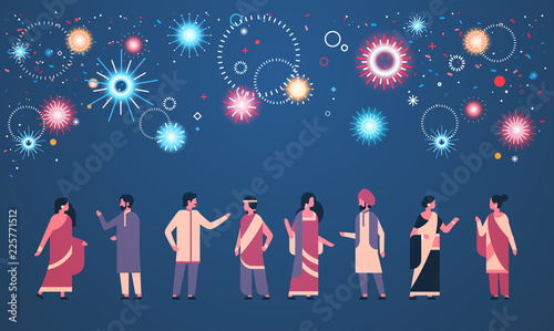 happy diwali indian people group wearing national traditional clothes hindu man woman celebration concept cartoon character full length fireworks background horizontal flat vector illustration