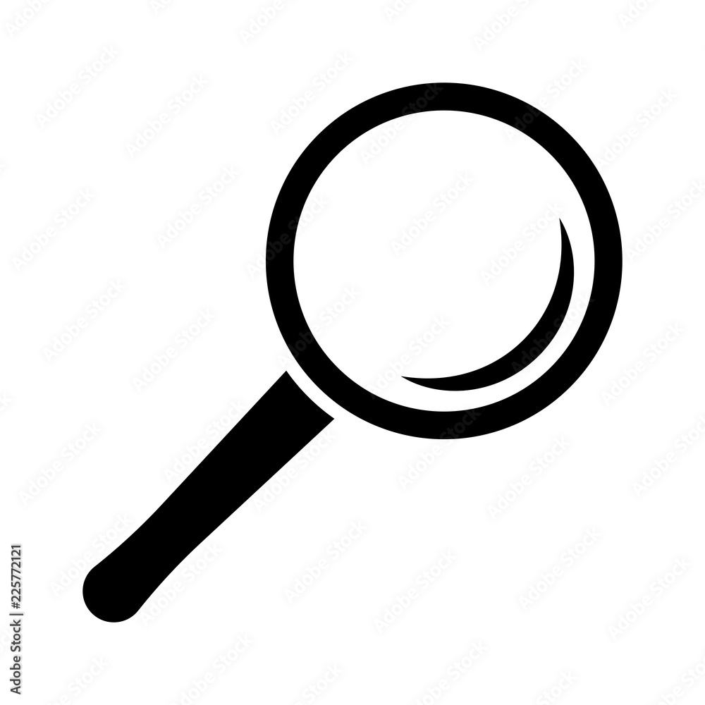Simple, flat, small magnifying glass icon. Black silhouette. Isolated on  white Stock Vector