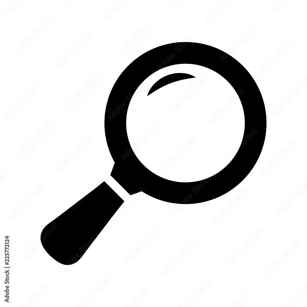 Simple, flat, small magnifying glass icon. Black silhouette. Isolated on  white Stock Vector