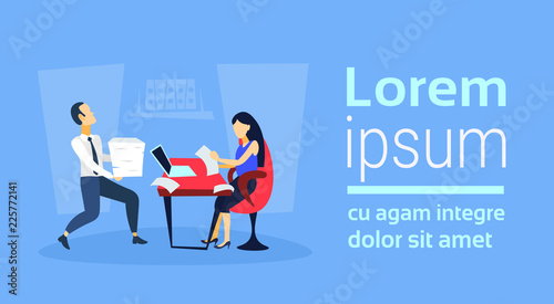 man carrying paper documents stack businesswoman sitting workplace using laptop office desk paperwork burden stress overwork reports finance business accounting concept flat horizontal copy space
