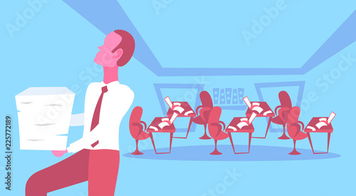 businessman carrying paper documents stack paperwork burden stress overwork reports finance business accounting concept office workplace open space interior male cartoon character flat vector
