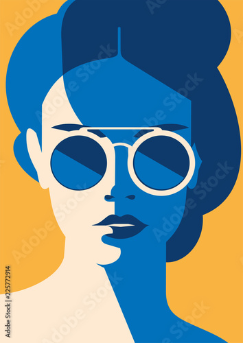 Fashion portrait of a model girl with sunglasses. Retro trendy colors poster or flyer.