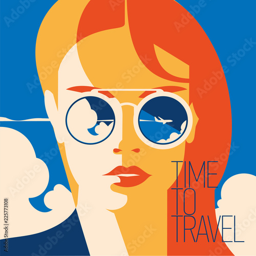 Fashion portrait of a model girl with sunglasses. Time to Travel and Summer Holiday poster. photo