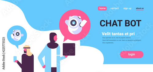 arabic couple man woman chatbot robot communication speech bubbles using gadgets online support isolated flat horizontal copy space vector illustration